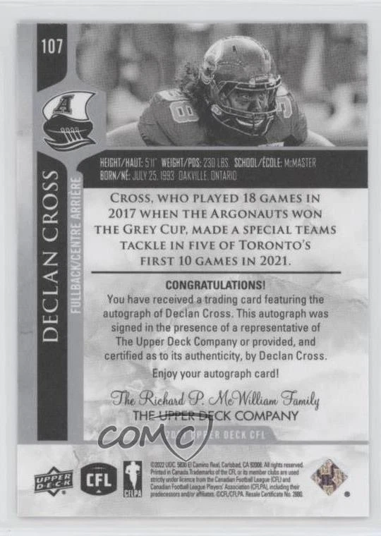 2021 Upper Deck CFL Auto Declan Cross #107 Auto - Image 2 of 2