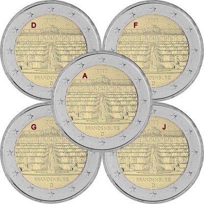 5 x 2 Euro Gedenkmünze Deutschland 2020 Schloss Sanssouci Brandenburg A D F G J
