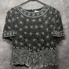 Papell Boutique Evening Vintage 90s Silk Beaded Top Size XL Black Silver Floral