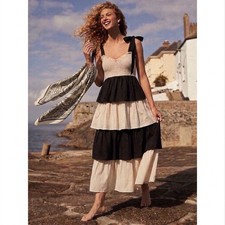 NEW LOVELO Tiered Maxi Dress Black Cream MEDIUM with Black Ties WOMENS