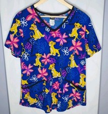 Scrub Top Women's M Disney Lion King Simba Blue Floral V-Neck 2 Pocket Nurse