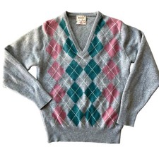 Vintage Alan Paine Women 100 Cashmere Sweater Sz 38 Argyle V-Neck Grey Englandd