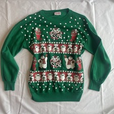 VTG Nutcracker Ugly Christmas Sweater Sweatshirt Snowmen L Green 90s Pullover