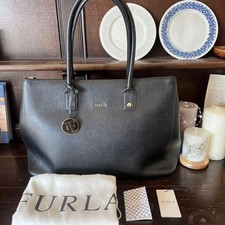 FURLA Linda Leather Tote Bag Black Genuine Leather A4 Shoulder Handbag