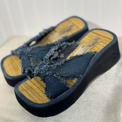 Kathy Ireland Y2K Platform Sandals Frayed Denim Flip Flops