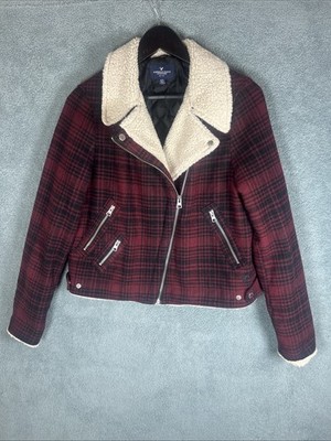American Eagle Womens Jacket Medium Moto Wool Blend Sherpa Collar Biker Grunge