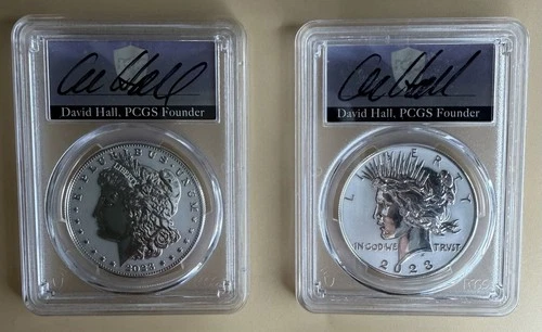 2023-S PCGS REVERSE PF -70 MORGAN/PEACE DOLLAR 2COIN SET FDOI-DAVID HALL!!!