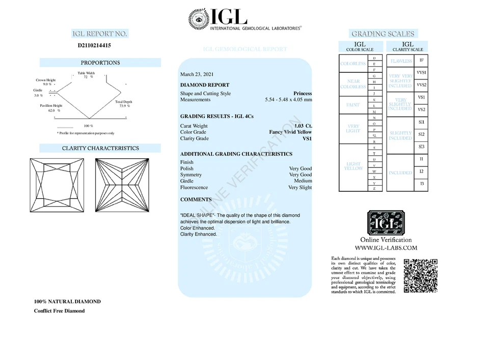 Princess Loose Diamond (1.03 Ct Vivid Yellow( Enhanced) Vs1(enhanced) ) IGL - Image 4 of 4