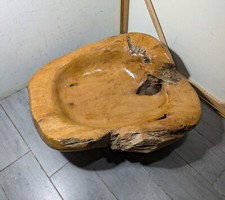 HUGE Vintage Rustic Carved Live Edge Teak Burl Wood Art Sculpture Bowl Natural