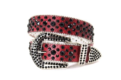 Rhinestone Western Belt Bling Red Belt Black Unisex Men Pant 34 Cinto Vaquero