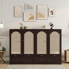 Queen Size Murphy Cabinet Bed with Rattan Decoration,USB & Large Drawe,Espresso 