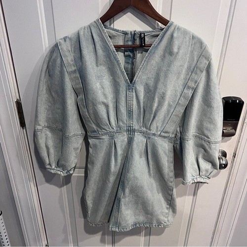 Zara Pleated Denim Dress with Balloon Sleeves Mini High Fashion XS - Picture 2 of 7