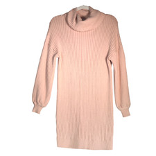 Pale Pink Sweater Dress Women Size S Cowl Neck Balloon Sleeves Ribbed Boho