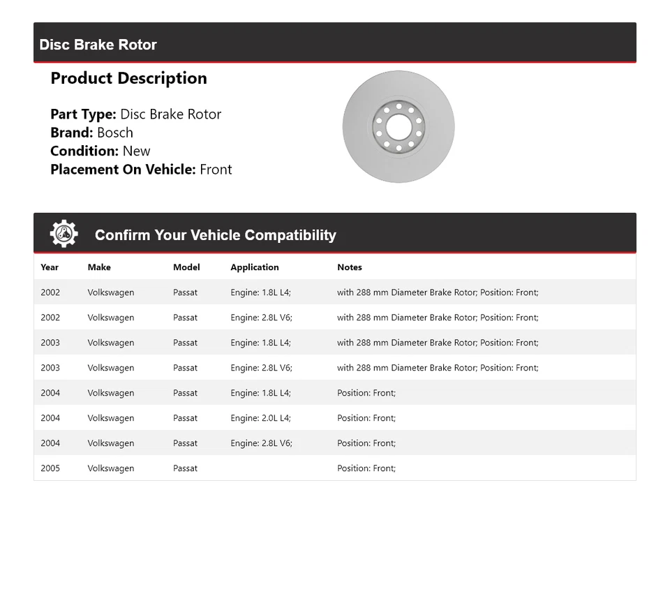 Rotor de freno de disco delantero QuietCast 2003 2004 para Volkswagen Passat Bosch 2002-2005 Foto 2 de 4