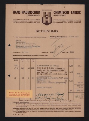 HAMBURG-WANDSBEK, Rechnung 1941, Hans Hauenschild Chemische Fabrik