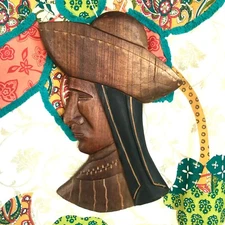 Vtg Hand Carved Wood Face Wall Plaque Indigenous Latin South America Folk Art