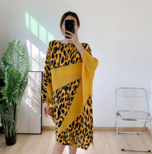 Women's Loose Leopard Irregular Dresses Pleated Pullover Bat Long Sleeve Skirts 