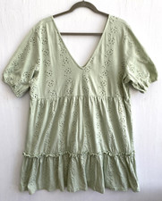 ASOS Design Light Green Knit Eyelet Babydoll Dress V Neck Size 12