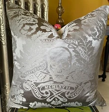 Ralph Lauren Secret Society Damask Mercury Skull Crossbones Linen Silk Pillow