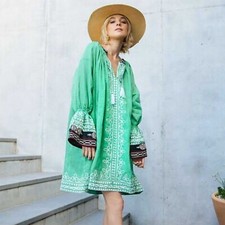 Linen embroidered Sarah J Curtis "Feeling Fun" jade green dress boho oversized
