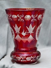 Ranftbecher ruby glass, glass cut, hunting motifs, lens cut, 13.3 cm, old