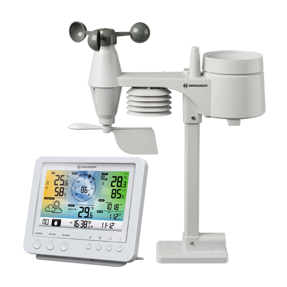 Station météo Bresser Wifi 5-en-1 avec écran couleur blanc rétroéclairé