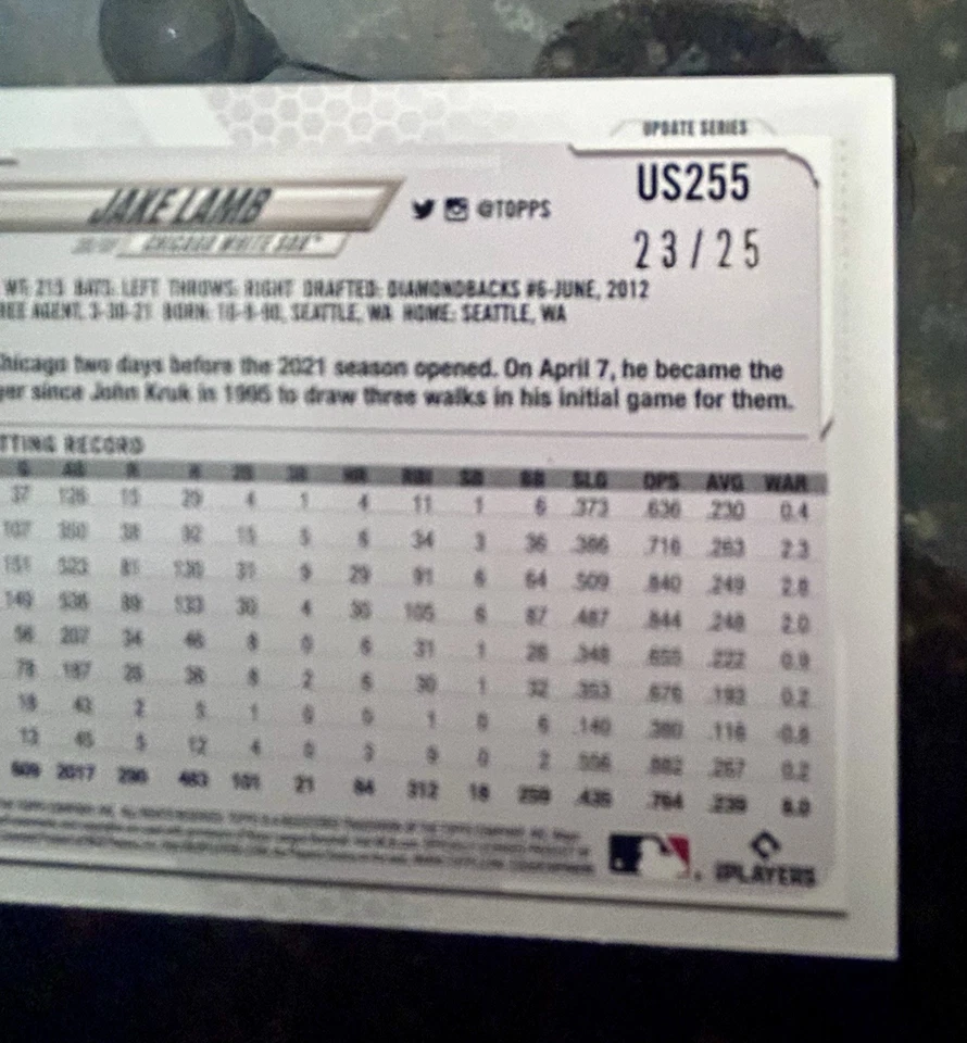 Actualización Topps 2021 Jake Lamb #US255 camuflaje paralelo 23/25 Chicago White Sox raro SP Foto 3 de 3