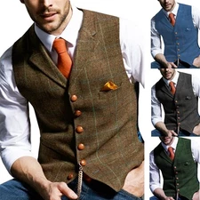 Herringbone Men's Vest Check Waistcoat for Wedding Tuxedo Formal Business Vest