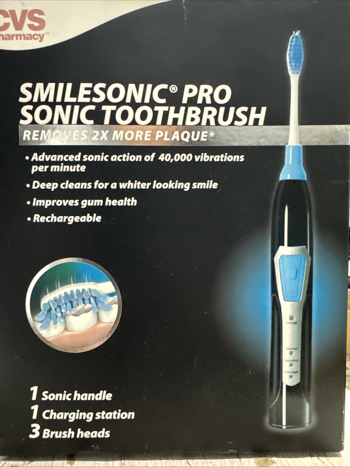 CVS SMILSONIC RECHARGEABLE SONIC TOOTHBRUSH (DISTRESSED BOX)