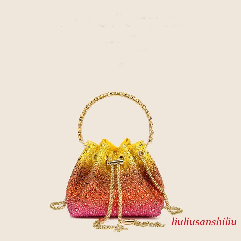 Women Handbag Diamond-Encrusted Crystal Bucket Bag Metal Ring Colorful Bag