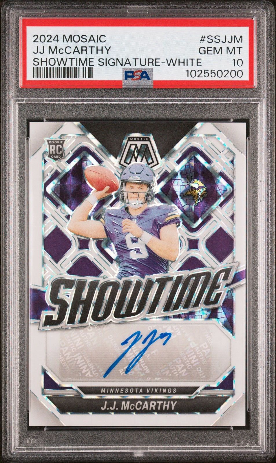 2024 Panini Mosaic Jj Mccarthy Showtime Signatures Auto White /25 PSA 10