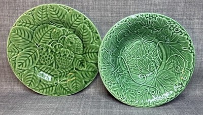 2 pc Bordallo Pinheiro Green Majolica Plate Bowl Green Vine Leaf & Strawberries