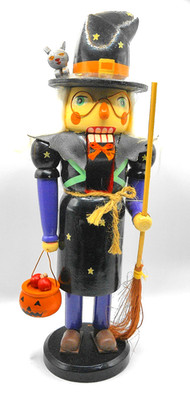 Vintage Halloween Witch Nutcracker with Pumpkin Bucket Broom and Cat 13'' tall