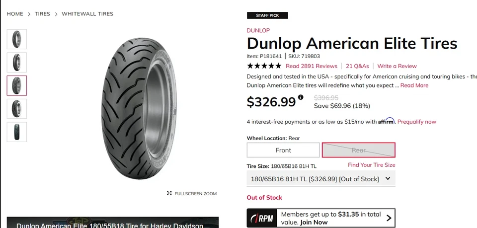 Harley Road Glide 2017 16" neumático trasero Dunlop American Elite 180/65B16 #413 Foto 2 de 4