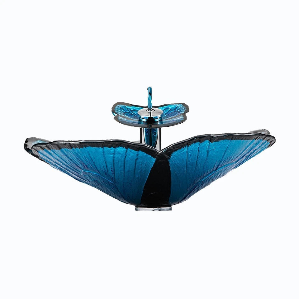 Encimera de lavabo de baño con forma de mariposa azul con grifo de cascada Foto 4 de 4
