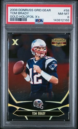 2008 TOM BRADY GOLD HOLOFOIL O's 51/100 DONRUSS GRIDIRON GEAR PSA 8