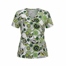 Delta Uniforms Women  s Mock Wrap Scrub Top Size Small Green Black Floral Design