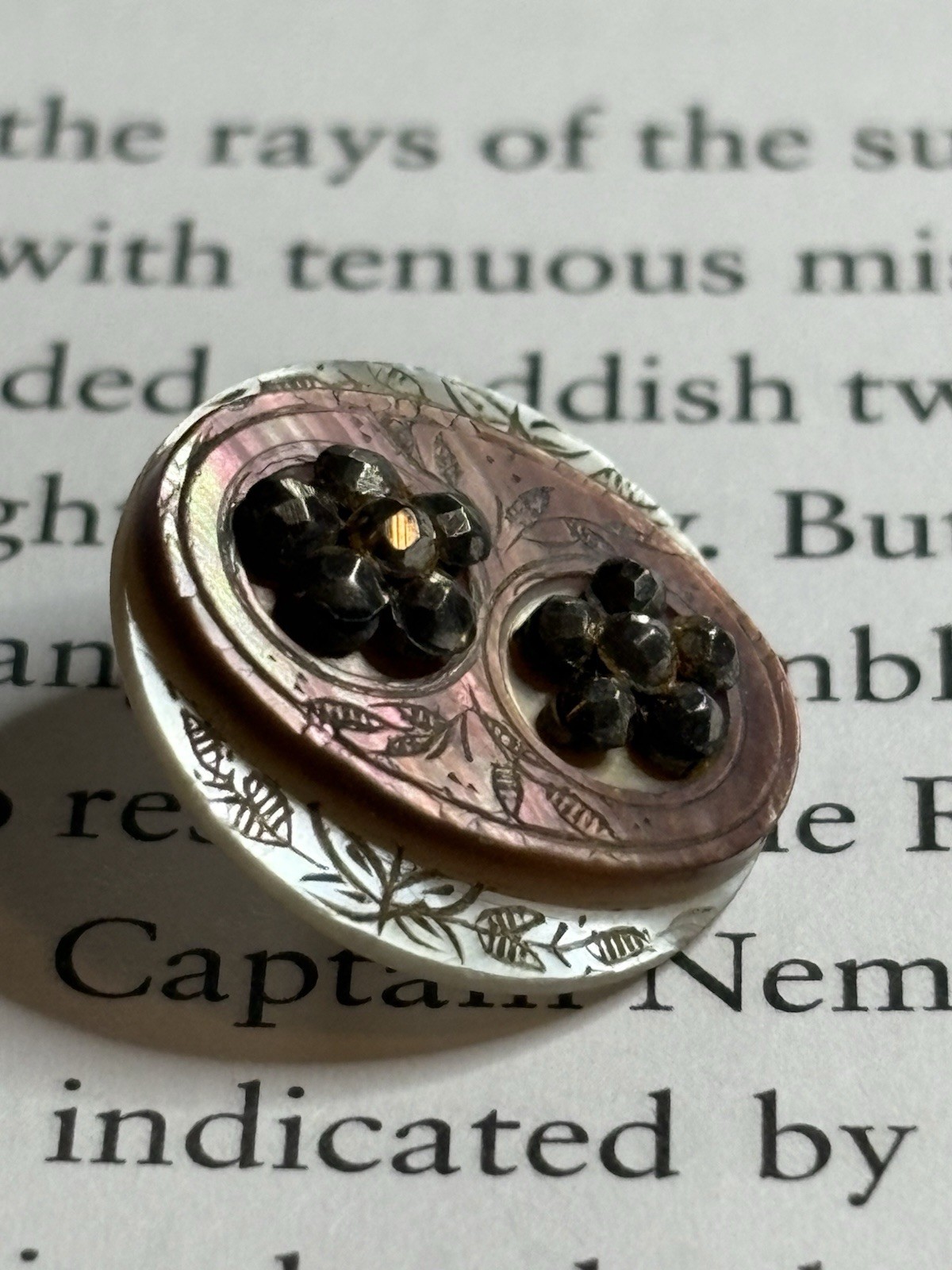 Antique Shell Button Engraved Cut Steel Smoky Carved Mother Of Pearl Tinted Mop