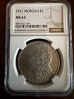 1921-P Morgan Silver Dollar $1 NGC MS63 Philadelphia Mint