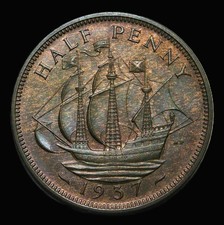 1937 George VI PROOF HALF PENNY, Bare Head Bronze Coin - Low Mintage 26,402  e