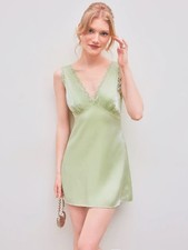 Cider V-Neck Solid Lace Trim Mini Dress Matcha Green Size Small