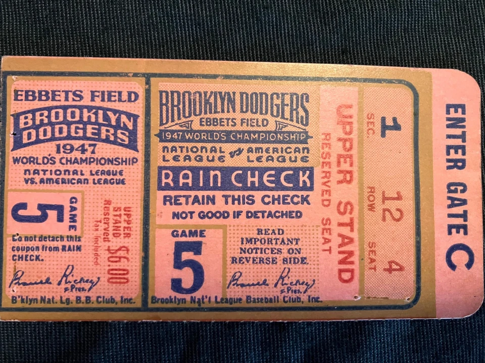 1947 年世界系列赛 5 号门票存根 Ebbets Field Jackie Robinson Joe DiMaggio — 第 4/4 张图片