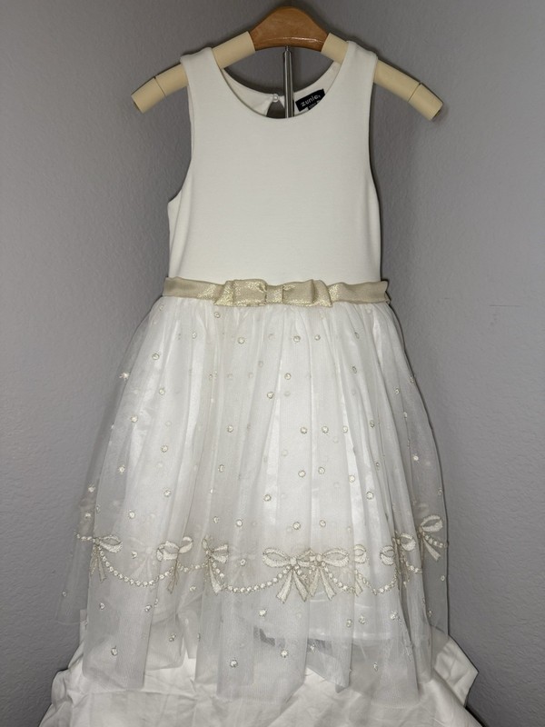 Zunie Kids Girls Size 8 Ivory Gold Dress Tulle Bow Special Occasion Holiday