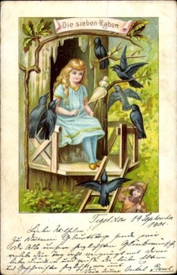 Künstler Ak Die sieben Raben, Märchen, Mädchen mit Spindel - 4772620
