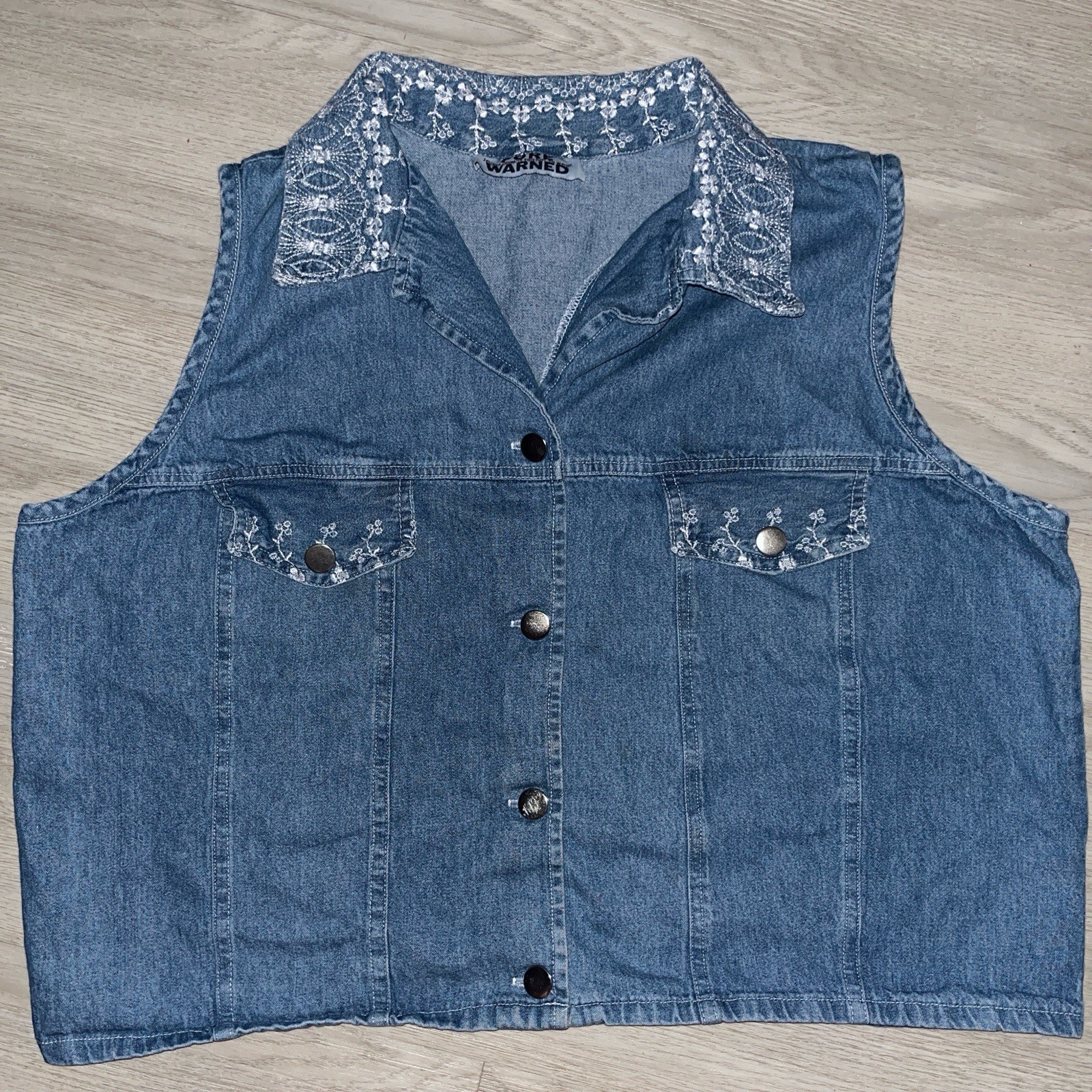 Vintage Fore Warned Women's Blue Denim Embroidered Floral Vest