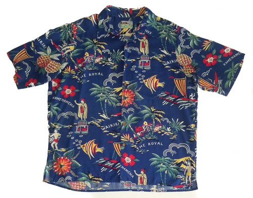REYN SPOONER Hawaiian Shirt THE ROYAL Waikiki Native Aloha Blue Rayon Mens LG