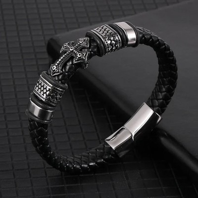 Men s Cross Leather Bracelet Braided Christian Bangle Stainless Steel Jewelry