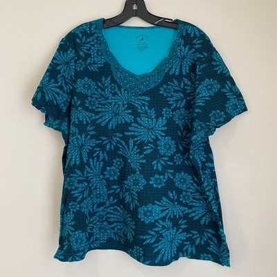 White Stag Tee Short Sleeve Floral Pattern Casual Trendy Top Size 18/20W Blue