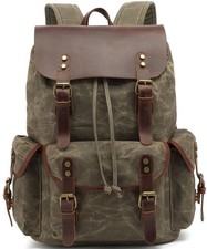Vintage Waxed Canvas Backpack with Genuine Leather Flap, Travel  Work Rucksa...