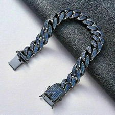 8Ct Round Lab-Created Sapphire Men's Cuban Link Bracelet 14K Black Gold Plated